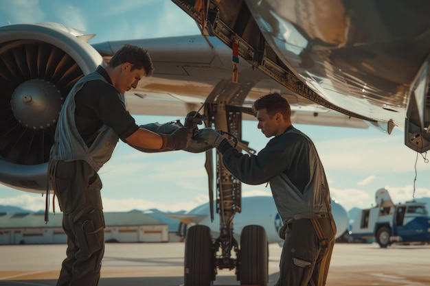 Foto mecánicos de aviación que arreglan el spoiler y las aletas de los aviones