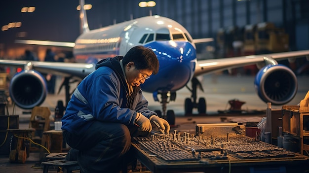 Foto mecánicos de aviones chinos con cuidado.