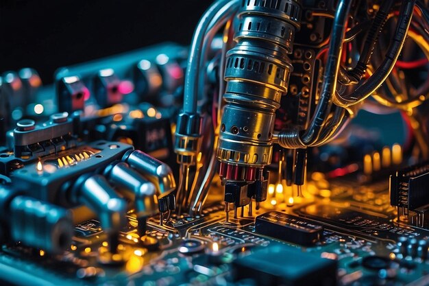 Foto mecánicos de brazos robóticos que trabajan en circuitos
