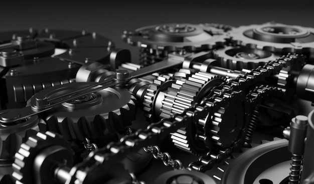 Mecanismo de engranajes y dientes Motor de máquina industrial Primer plano macro Ilustración 3D en blanco y negro