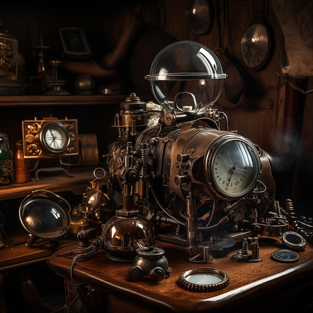 El mecanismo de la máquina Steampunk es antiguo. IA generativa.