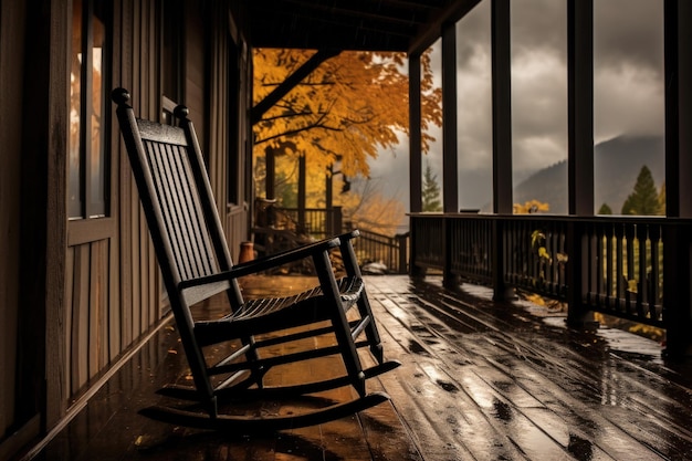 Una mecedora en un patio cubierto con lluvia cayendo al fondo