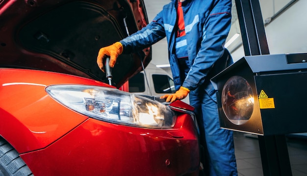 Mechanik joven que ajusta los faros en el coche moderno rojo en servicio auto