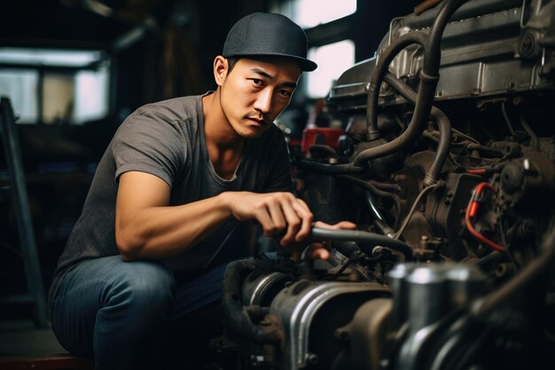 Mechaniker bei der Reparatur eines Automotors in einer Garage