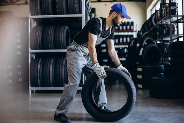 Mechaniker beim Autoservice beim Reifenwechsel