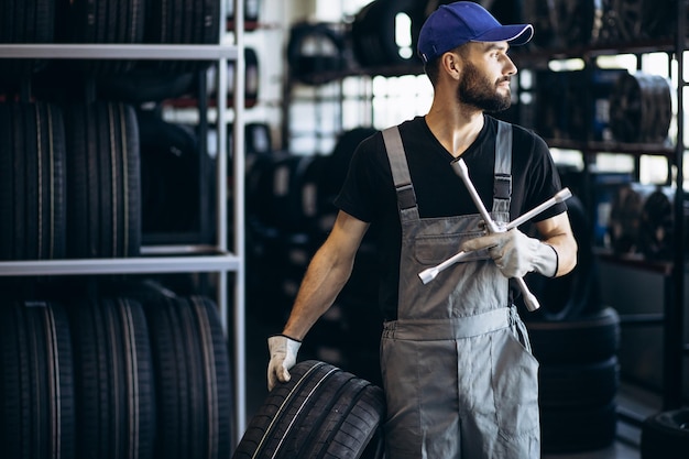 Mechaniker beim Autoservice beim Reifenwechsel