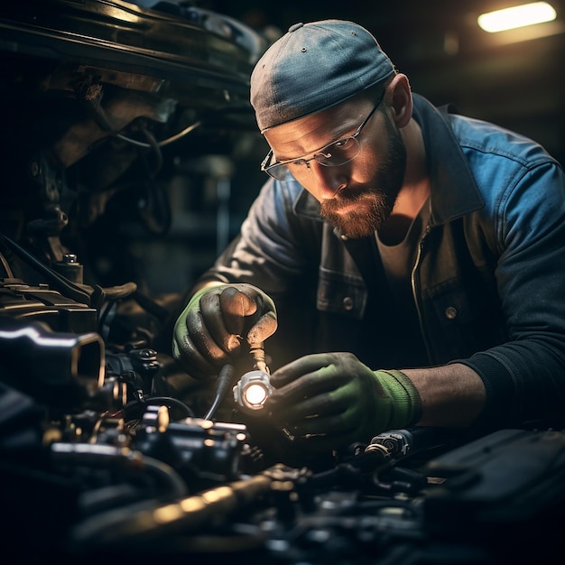 Mechaniker, der Autoteile überprüft Porträt