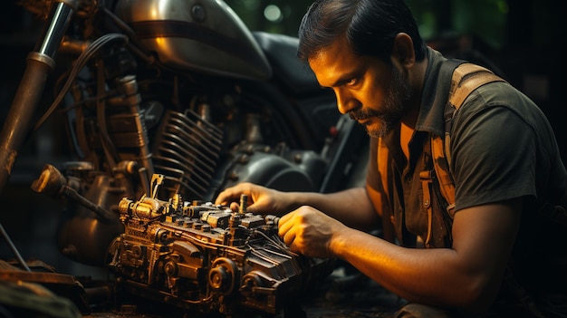 Mechaniker in Uniform arbeitet an der Motorreparatur in einer dunklen Garage