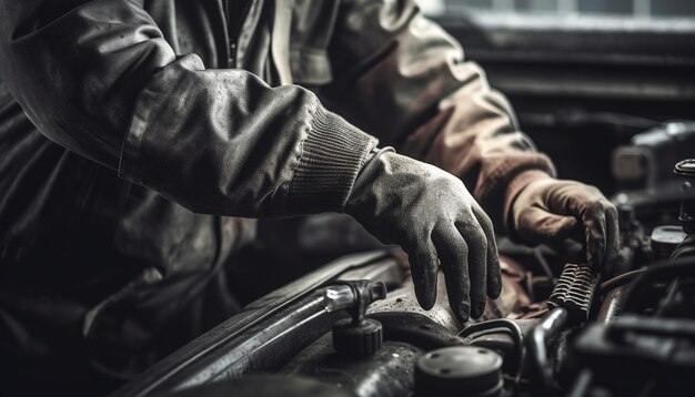 Mechaniker repariert Automotor mit von KI generiertem Schraubenschlüssel