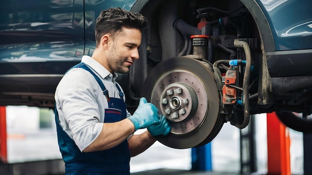 Mechaniker wechseln Bremsscheiben im Autozug