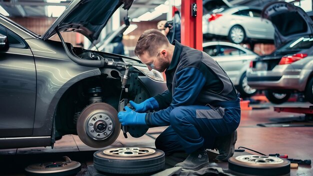 Mechaniker wechseln Bremsscheiben im Autozug