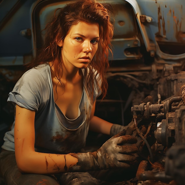 Mechanikerin, die an einem alten und zerstörten Auto arbeitet, fotorealistisch