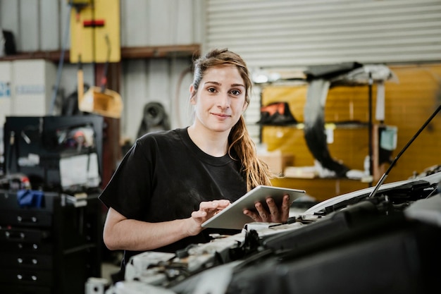 Mechanikerin, die eine Diagnose an einem Automotor durchführt