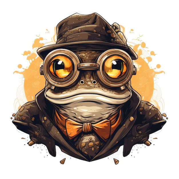 Mechanische Magie Ein Steampunk-Kröten-Logo Sportbrille gegen einen ruhigen weißen Hintergrund