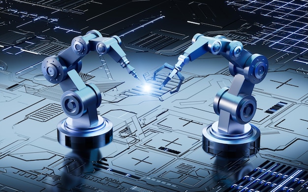 Mechanischer Arm und Schaltkreischip im Scitech-Hintergrund-3D-Rendering