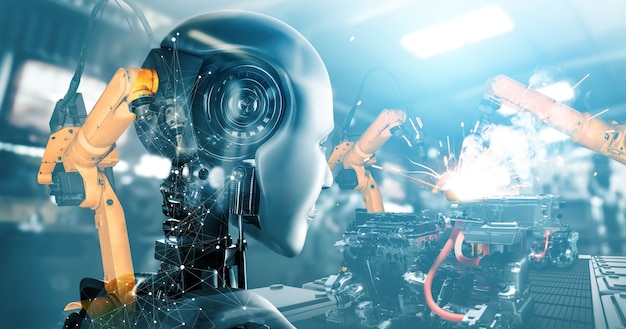 Foto mechanisierter industrie-cyborg-roboter und roboterarme in der zukünftigen fabrik