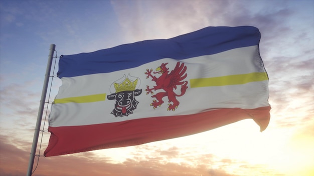 Mecklenburg-Vorpommern Flagge Deutschland weht im Wind Himmel und Sonne Hintergrund 3D-Darstellung