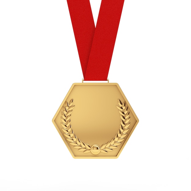 Medalha de ouro com coroa de louros em um fundo branco. Renderização 3D