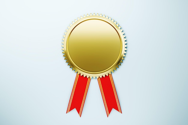 Medalha de ouro com fita vermelha em fundo limpo para design de prêmio 3D Rendering