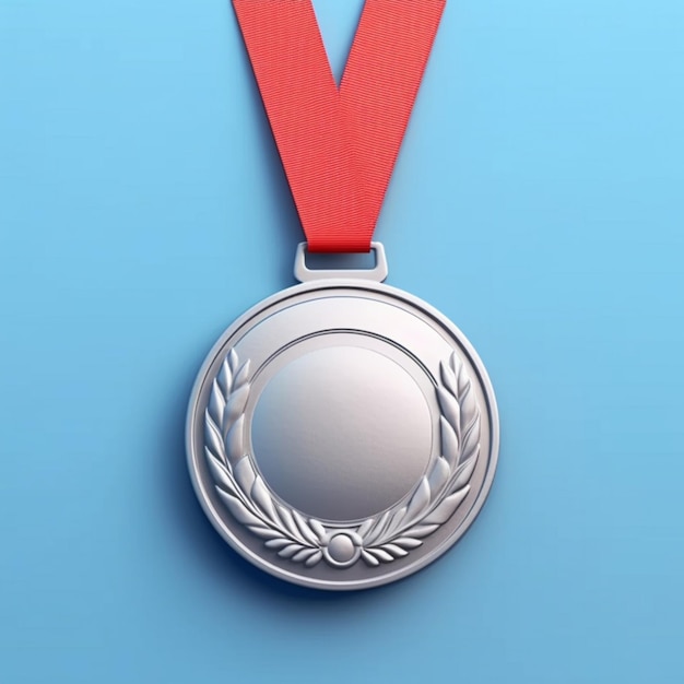 Medalha de prata com fita vermelha em fundo azul generativo ai