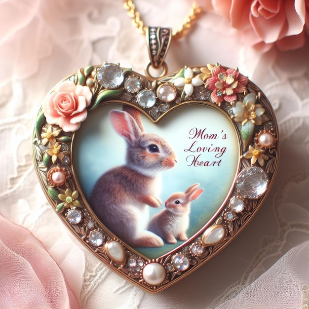 Medalhão de coração com coelhos simbolizando o amor maternal