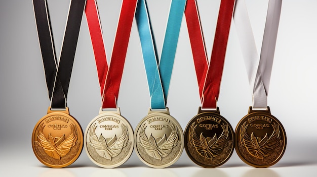 Foto medalhas douradas de prata e bronze penduradas em fitas na parede