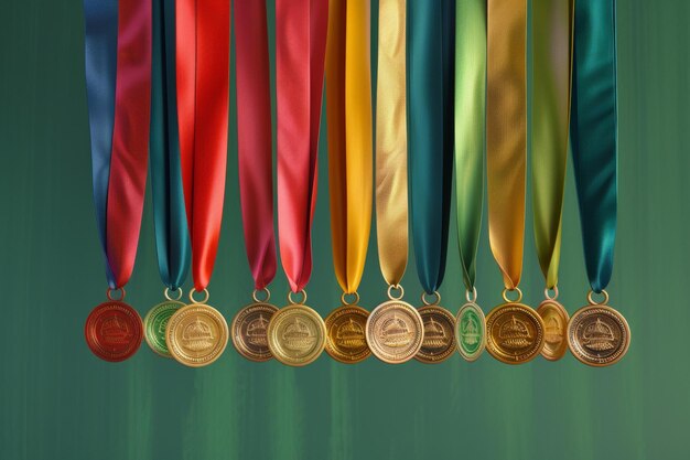 Medalhas e fitas Exibindo uma coleção de medalhas penduradas em fitas coloridas