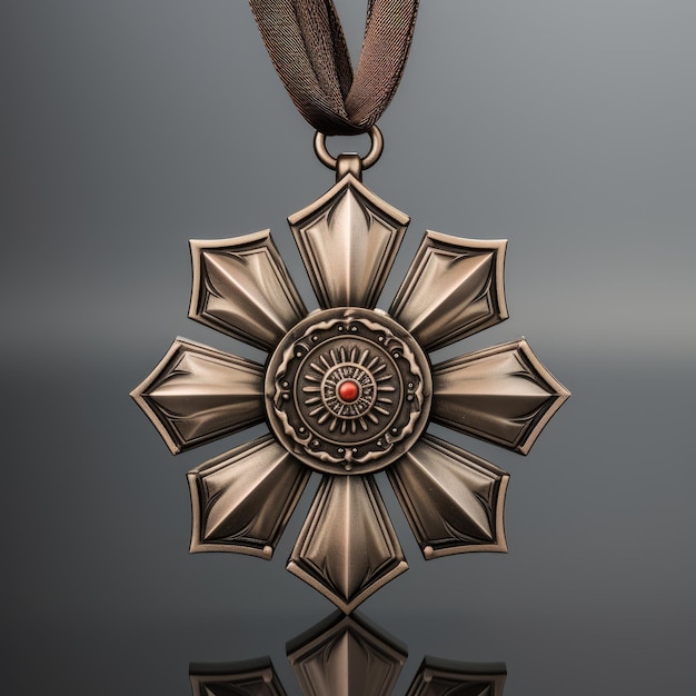 Medalhas militares metálicas de bronze Cruz maltesa em impressionante foto-realismo em fundo cinza uniforme