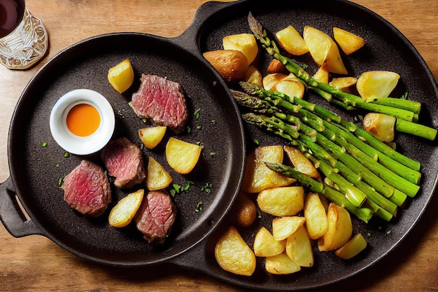 Medalhões de carne suculenta com batatas fritas e aspargos verdes em uma frigideira ilustração 3d