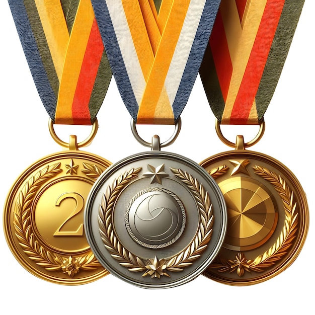 Medalla de bronce de plata de oro de lujo premio del evento con diseño de cinta ilustración vista delantera aislada en