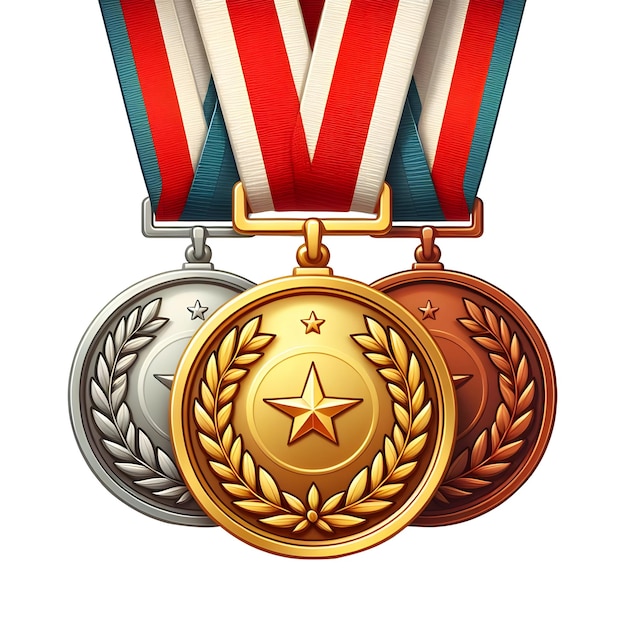Medalla de bronce de plata de oro premio deportivo con diseño vectorial de cinta ilustración vista delantera