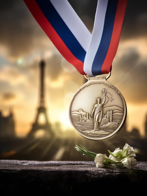 Foto medalla olímpica con la torre eiffel como telón de fondo