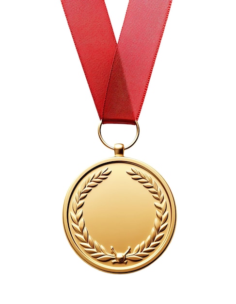 Medalla de oro con cinta roja aislada sobre fondo blanco IA generativa