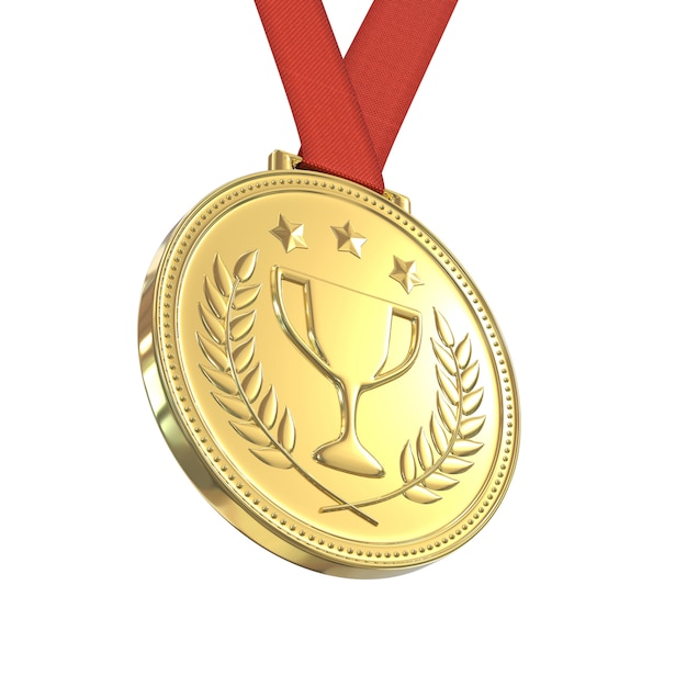 Medalla de oro en cinta roja, aislado sobre fondo blanco.