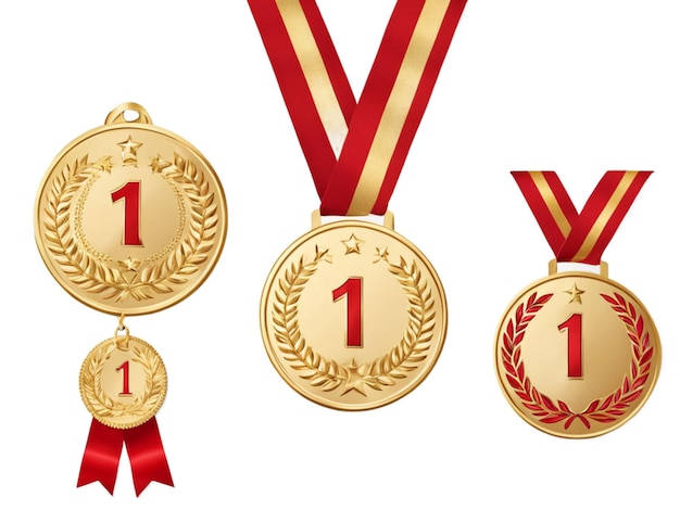 Foto medalla de oro número 1 medallas de oro con cintas rojas premio ganador del primer lugar