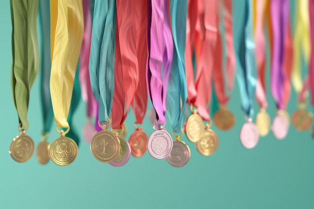 Foto medallas y cintas mostrando una colección de medallas colgando de cintas de colores