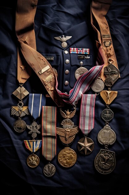 Foto medallas de veteranos exhibidas en un viejo uniforme creado con ai generativo