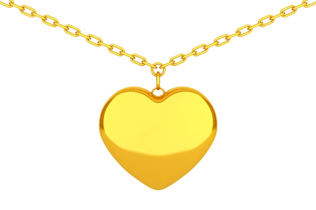 Medallón de corazón de oro en cadena sobre fondo blanco. Representación 3D