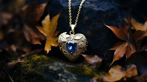 Medallón de corazón de oro inspirado en el otoño con piedra azul