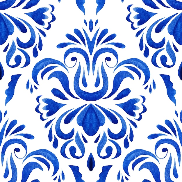 Medallón damasco azulejo acuarela dibujado a mano patrón floral azul y blanco azulejo