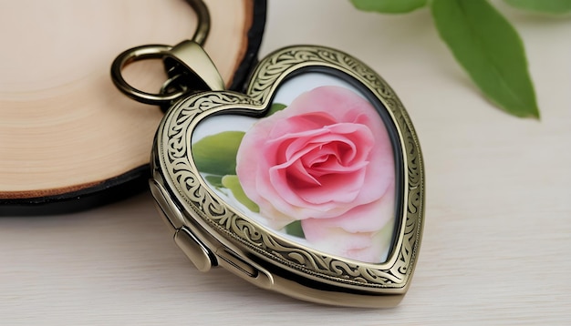 un medallón en forma de corazón con una rosa rosada en el interior