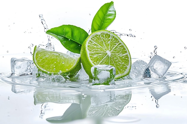 Media cal con hojas cubos de hielo y salpicaduras de agua aislados en fondo blanco herramientas de IA generativas Cr