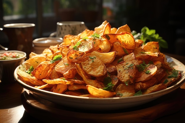 Media dosis de deliciosas papas fritas caseras en un plato marrón en la mesa gris generativa IA