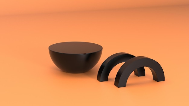 media esfera negra podio fondo naranja representación 3d círculo de exhibición de producto semicircular