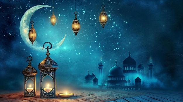 Media luna azul y linternas para el Eid Mubarak