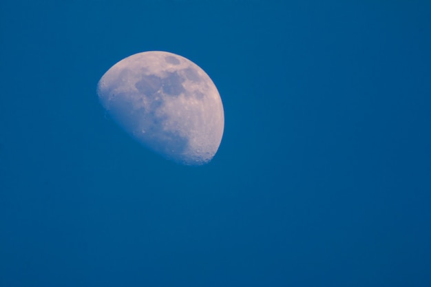 Foto media luna en el dia con cielo azul.