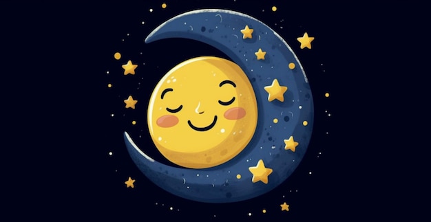 una media luna de dibujos animados con una cara sonriente y estrellas a su alrededor ai generativa