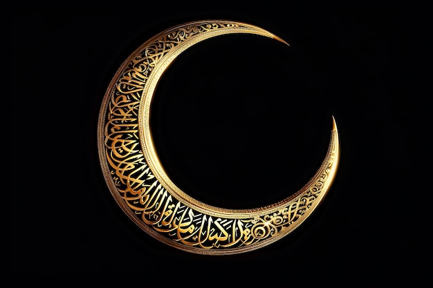 Media luna dorada y negra con caligrafía árabe y la palabra Eid Mubarak en el centro