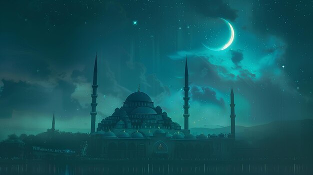 Foto la media luna del mes sagrado del ramadán ilumina el cielo detrás de la mezquita