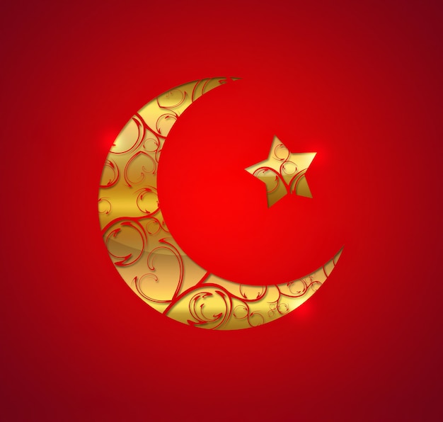 Media luna de oro y estrella sobre fondo rojo.
